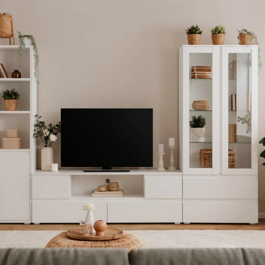 Obývací stěna SCONTO s televizorem a bílými vitrínami