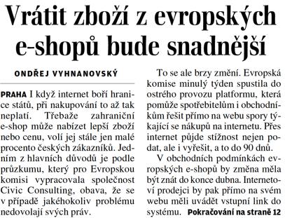 Lidové noviny - Vrátit zboží z evropských e-shopů bude snadnější